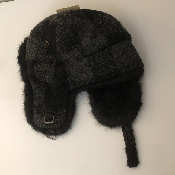Denver Hayes Wool Blend Trapper hat - Black & gray pattern with black faux fur. - Picture 3 of 10